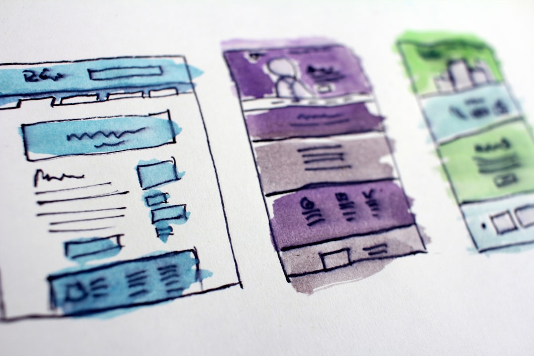 Illustrated mockups of website designs showcasing different layouts and colors.