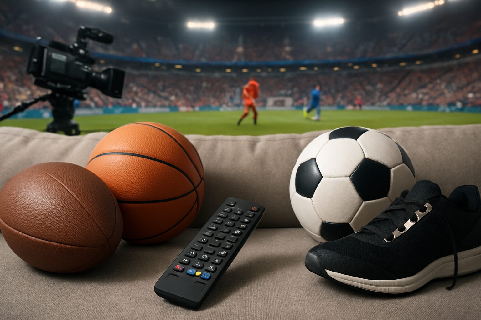 A close-up view of sports equipment including a basketball, soccer ball, and a remote control on a couch, with a blurred