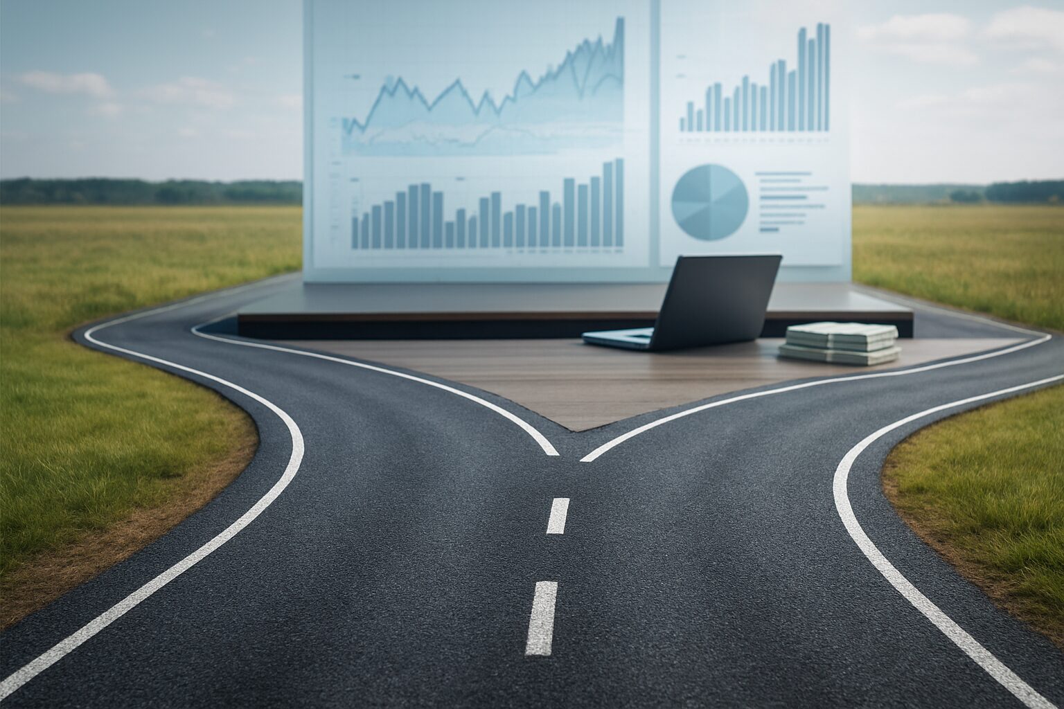 A winding road leading to a workspace with graphs and a laptop, symbolizing decision points in finance.