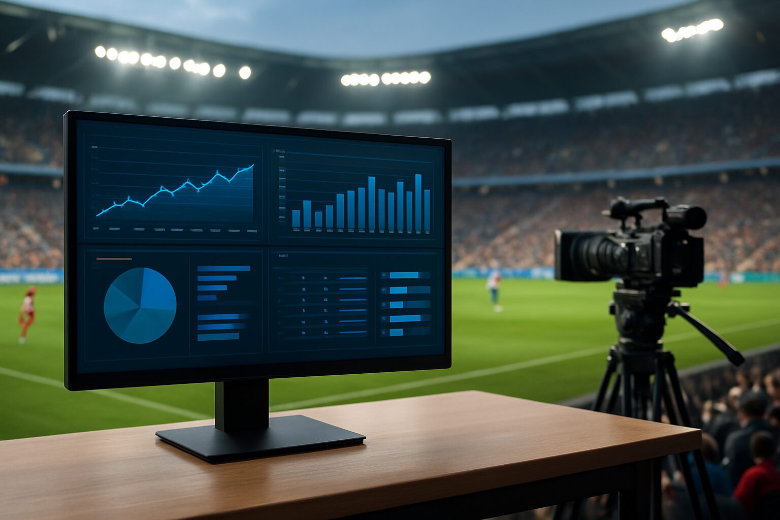 A computer monitor displaying data analytics in a sports stadium setting with a camera in the foreground.