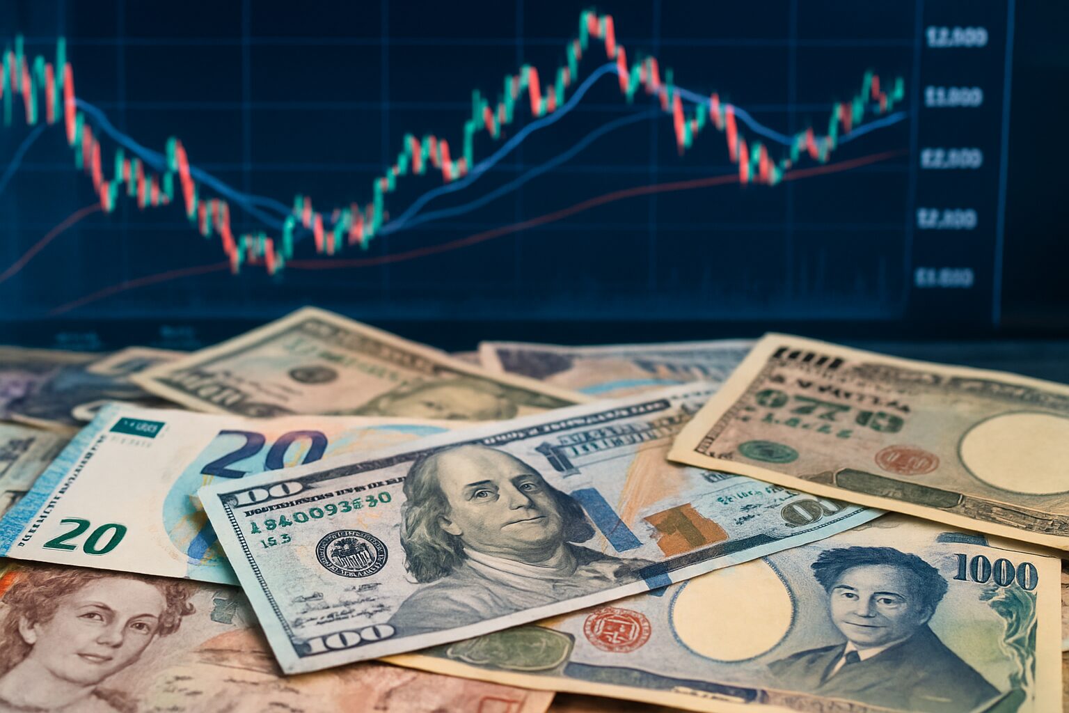 A variety of banknotes scattered on a surface with a financial chart in the background